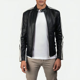 Mens Black Cafe Racer Leather Jacket With White Stripes